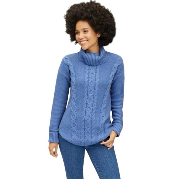 LL BEAN | Women’s Cotton Fisherman Cable Knit Turtleneck Sweater in Blue Size L - Picture 1 of 9